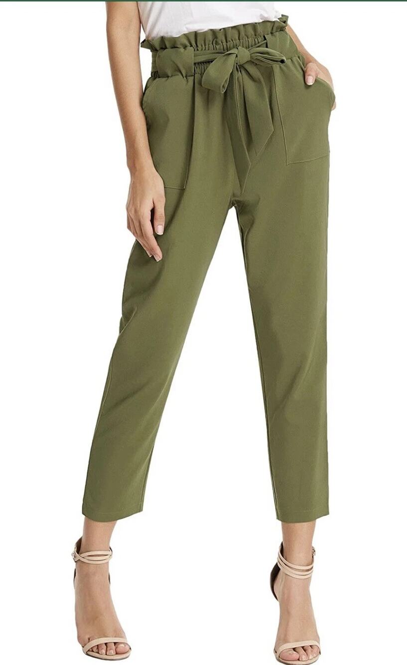Grace Karin Cropped High Waisted Cropped Paper Bag Pants Size L Khaki Green